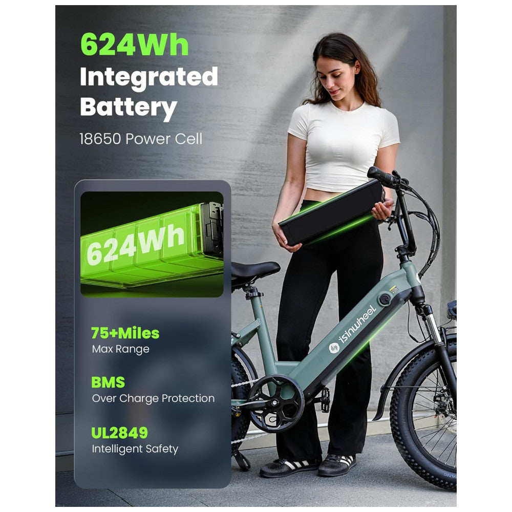 Bicicleta Elétrica Isinwheel U8 Verde 20" | Motor 1000W, Bateria 48V 13Ah, Suspensão Dupla, 7 Velocidades, Luz 2000 Lúmens