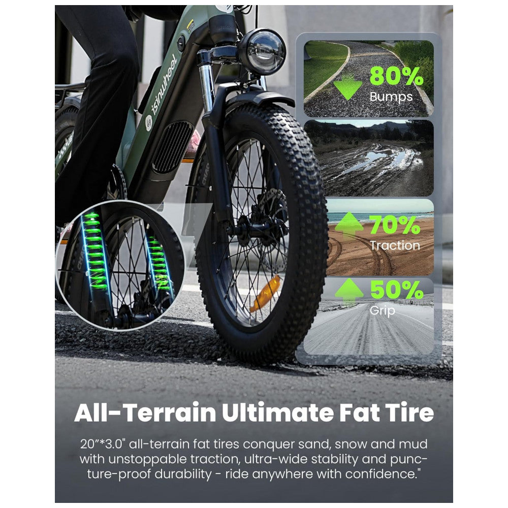 Bicicleta Elétrica Isinwheel U8 Verde 20" | Motor 1000W, Bateria 48V 13Ah, Suspensão Dupla, 7 Velocidades, Luz 2000 Lúmens