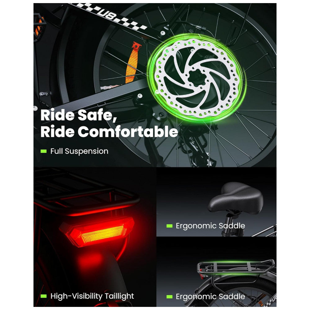 Bicicleta Elétrica Isinwheel U8 Verde 20 Motor 1000W, Bateria 48V 13Ah, Suspensão Dupla, 7 Velocidades, Luz 2000 Lúmens