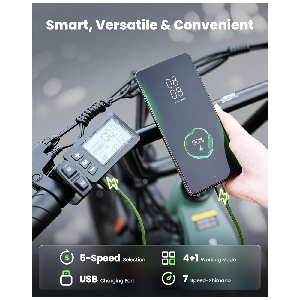 Bicicleta Elétrica Isinwheel U8 Verde 20" | Motor 1000W, Bateria 48V 13Ah, Suspensão Dupla, 7 Velocidades, Luz 2000 Lúmens