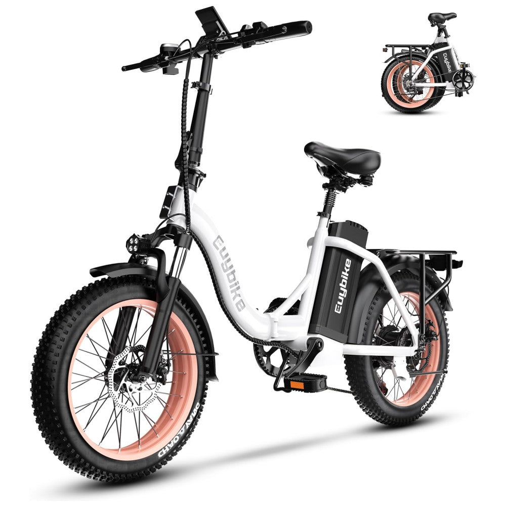 Bicicleta Elétrica Dobrável KEBIKO 750W, Bateria 48V 20Ah, Velocidade 48 km h, Suspensão Dupla, Freios a Disco, Rodas 20 , Display LCD, Branco Rosa