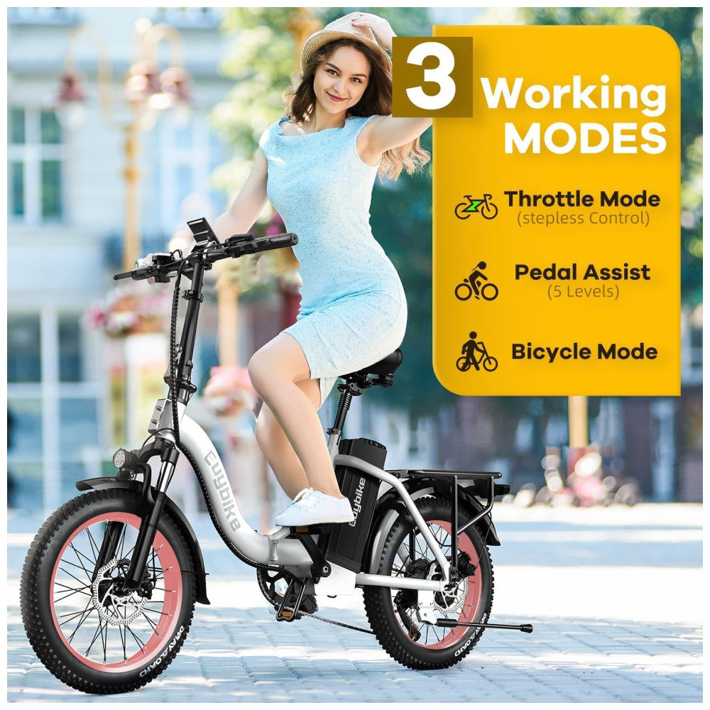 Bicicleta Elétrica Dobrável KEBIKO 750W, Bateria 48V 20Ah, Velocidade 48 km h, Suspensão Dupla, Freios a Disco, Rodas 20 , Display LCD, Branco Rosa
