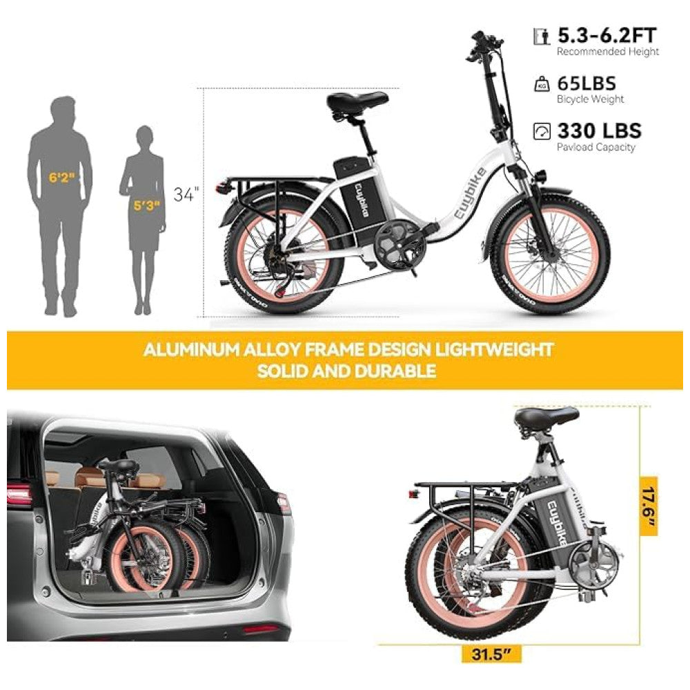 Bicicleta Elétrica Dobrável KEBIKO 750W, Bateria 48V 20Ah, Velocidade 48 km h, Suspensão Dupla, Freios a Disco, Rodas 20 , Display LCD, Branco Rosa