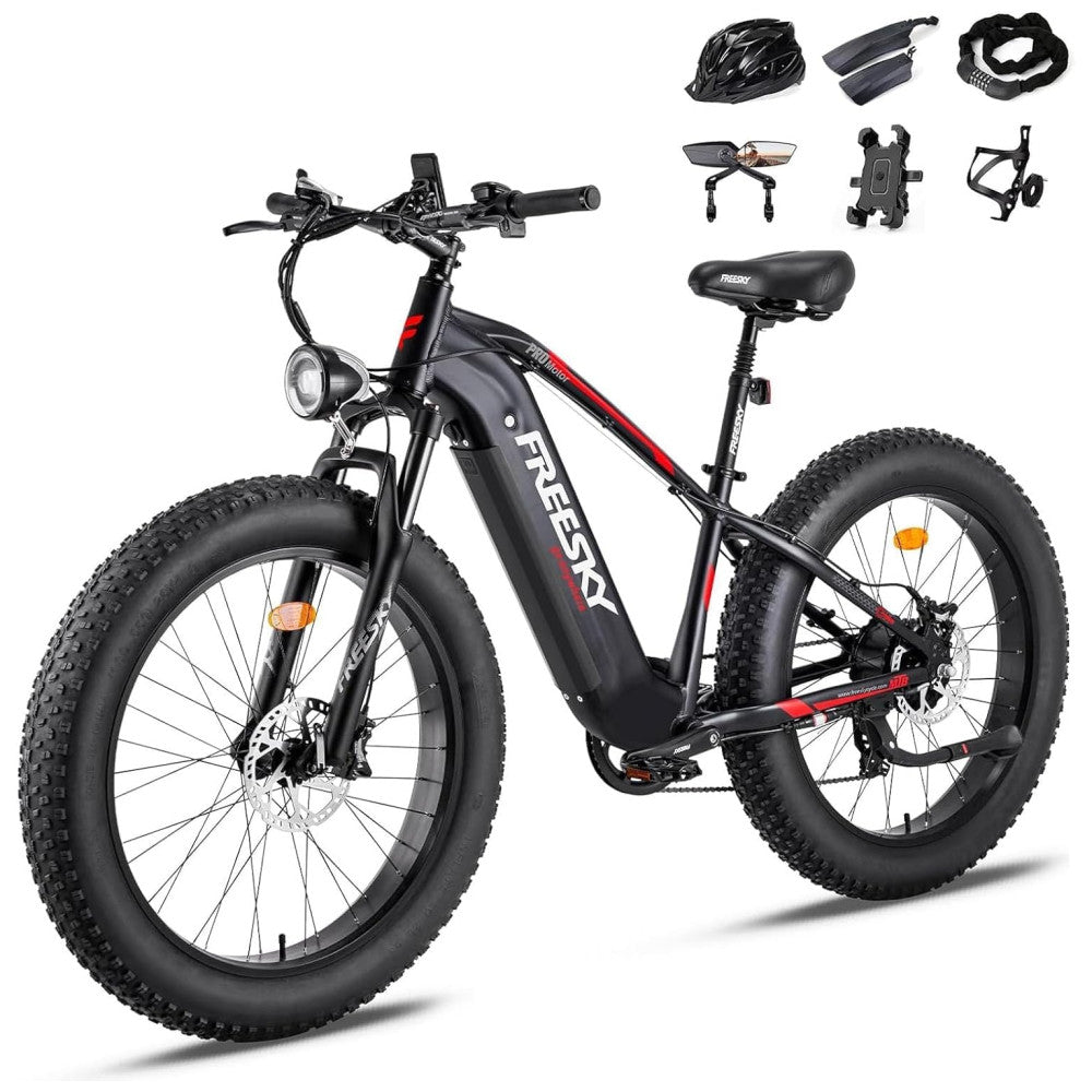 Bicicleta Elétrica FREESKY Himalaya Pro 750W Pico 1200W – Bateria Removível 48V 15Ah, Rodas 26"x4", Suspensão Hidráulica, Freios a Disco de 4 Pistões, Câmbio Shimano 7V, Visor LCD – Preta
