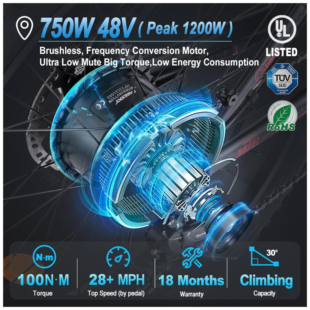 Bicicleta Elétrica FREESKY Himalaya Pro 750W Pico 1200W – Bateria Removível 48V 15Ah, Rodas 26"x4", Suspensão Hidráulica, Freios a Disco de 4 Pistões, Câmbio Shimano 7V, Visor LCD – Preta