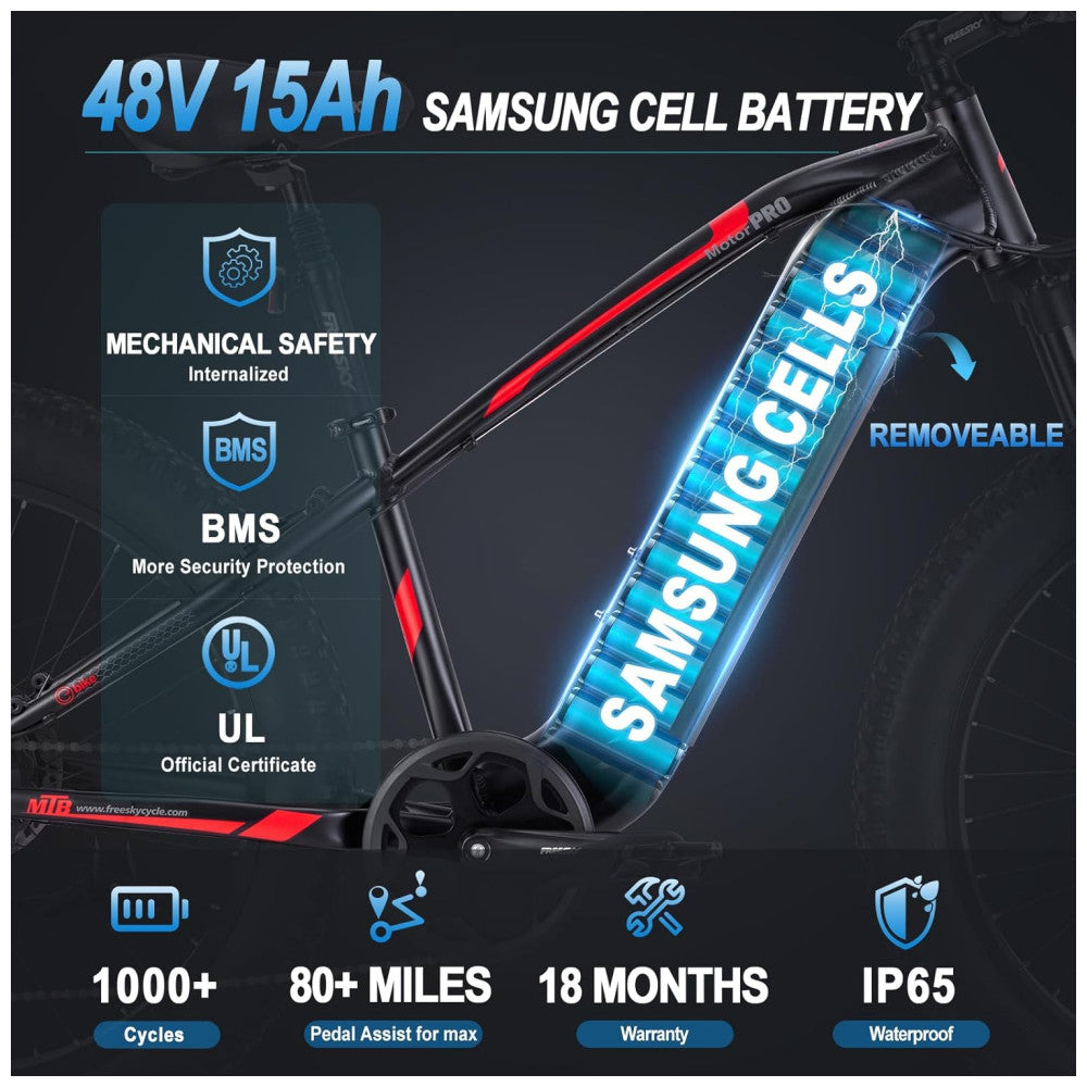 Bicicleta Elétrica FREESKY Himalaya Pro 750W Pico 1200W – Bateria Removível 48V 15Ah, Rodas 26"x4", Suspensão Hidráulica, Freios a Disco de 4 Pistões, Câmbio Shimano 7V, Visor LCD – Preta
