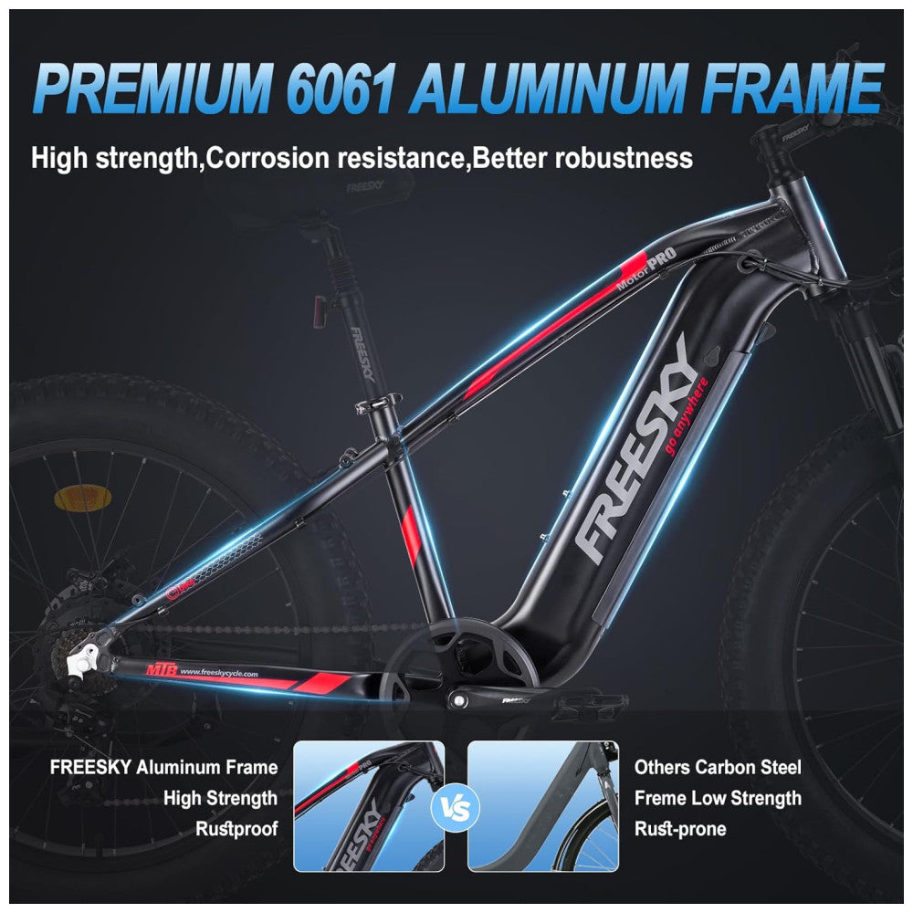 Bicicleta Elétrica FREESKY Himalaya Pro 750W Pico 1200W – Bateria Removível 48V 15Ah, Rodas 26"x4", Suspensão Hidráulica, Freios a Disco de 4 Pistões, Câmbio Shimano 7V, Visor LCD – Preta