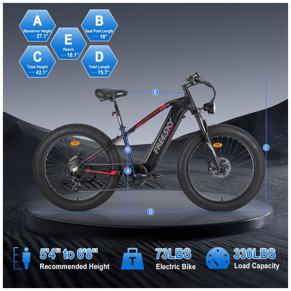 Bicicleta Elétrica FREESKY Himalaya Pro 750W Pico 1200W – Bateria Removível 48V 15Ah, Rodas 26"x4", Suspensão Hidráulica, Freios a Disco de 4 Pistões, Câmbio Shimano 7V, Visor LCD – Preta