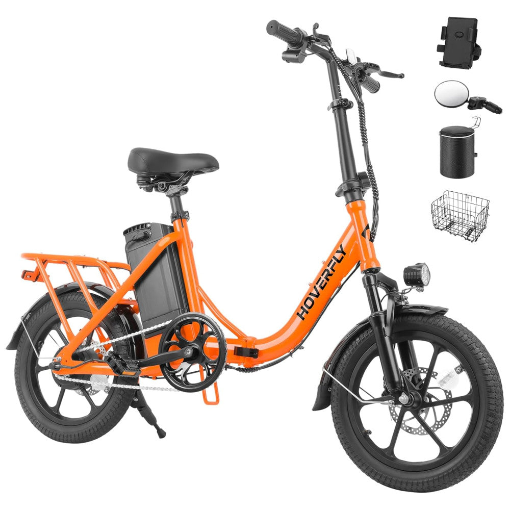 Bicicleta Elétrica Dobrável Hoverfly, 500W de Pico, 25 km h, 45 km de Alcance, Rodas 16 , Bateria Removível, Suspensão Dupla, Freios a Disco e Certificação UL2849, LARANJA