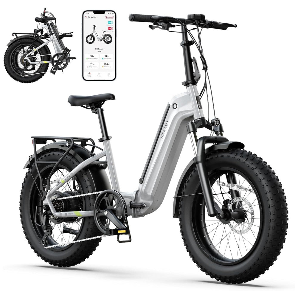 Bicicleta Elétrica Dobrável Sisigad 1500W Pico, Pneus Fat 20 x4.0, Bateria 48V 15Ah, Autonomia 96 km, 7 Velocidades, Freios a Disco, Suspensão Completa, Branco