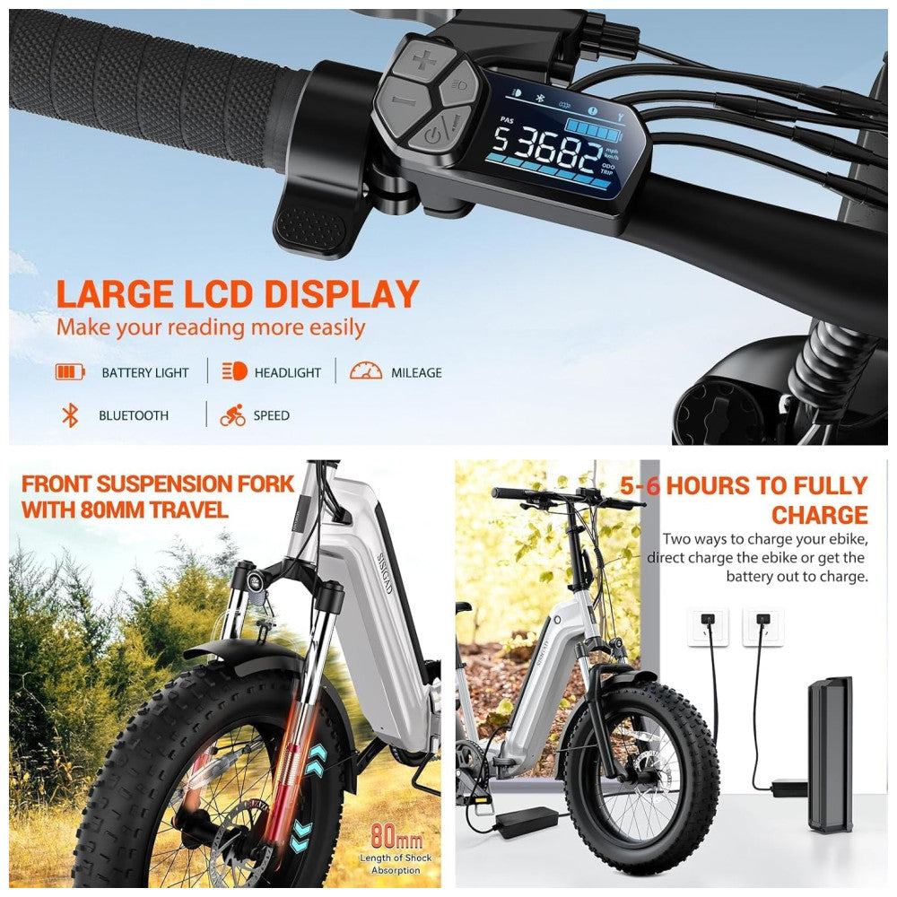 Bicicleta Elétrica Dobrável Sisigad 1500W Pico, Pneus Fat 20 x4.0, Bateria 48V 15Ah, Autonomia 96 km, 7 Velocidades, Freios a Disco, Suspensão Completa, Branco