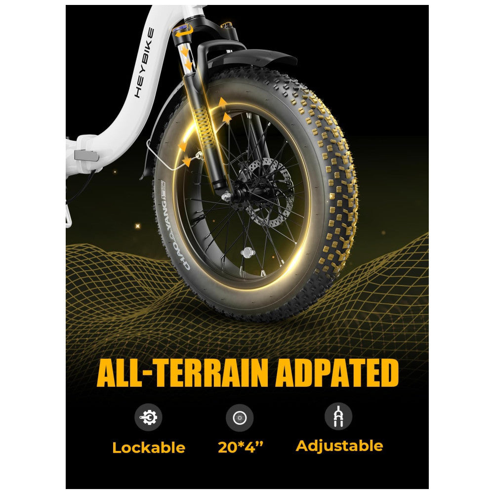 Bicicleta Elétrica Dobrável Heybike Ranger 2.0 Branca | Motor 1500W, Autonomia 88 km, Velocidade 40 km/h, Pneus 20"x4", Suspensão Frontal, Câmbio Shimano 7V