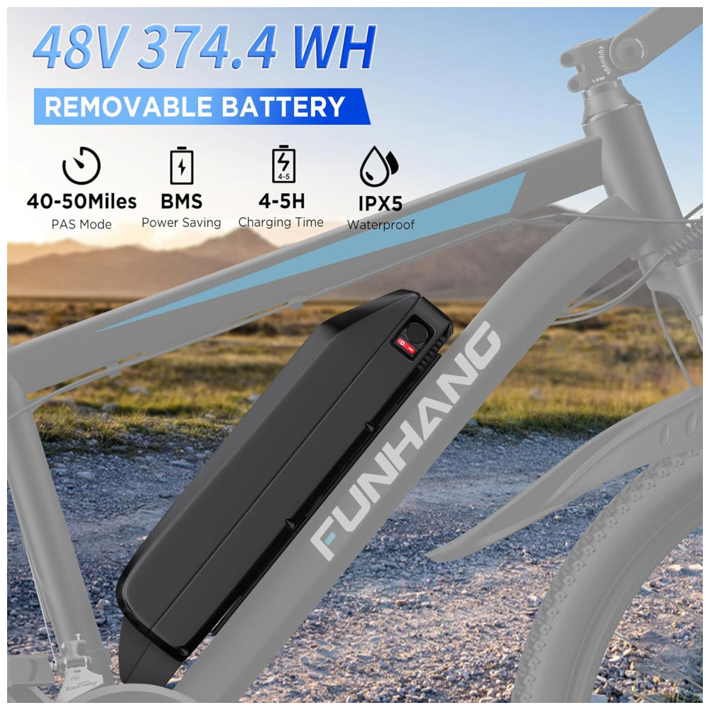 Bicicleta Elétrica Funhang MTB 500W (Pico 1000W) | 26" Rodas, 21 Velocidades, Bateria IPX5 48V 374,4Wh, Tela LCD e Freios a Disco Duplo, Azul e preta