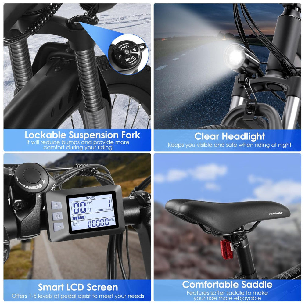 Bicicleta Elétrica Funhang MTB 500W (Pico 1000W) | 26" Rodas, 21 Velocidades, Bateria IPX5 48V 374,4Wh, Tela LCD e Freios a Disco Duplo, Azul e preta