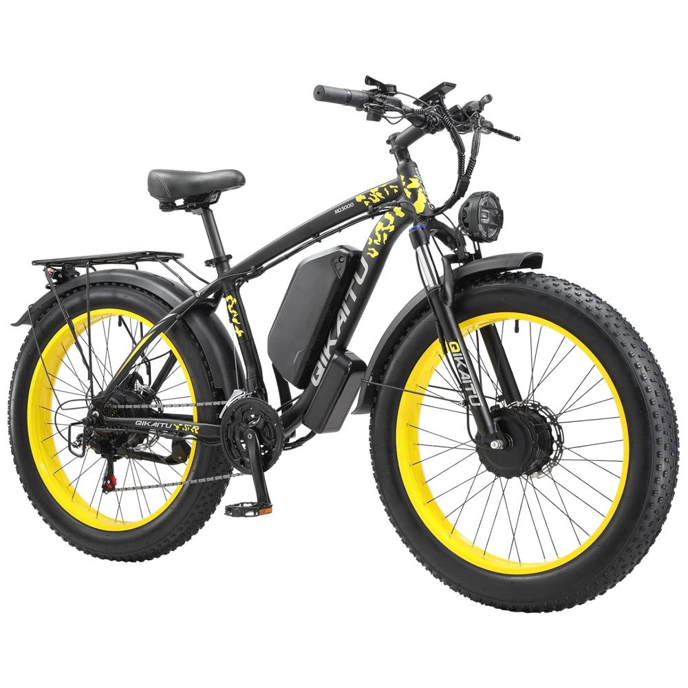 Bicicleta Elétrica QIKAITU MQ3000 2000W com Motor Duplo, Bateria UL 48V 23Ah, Suspensão com Trava, Freios Hidráulicos e Rodas 26x4", Preta e Amarela