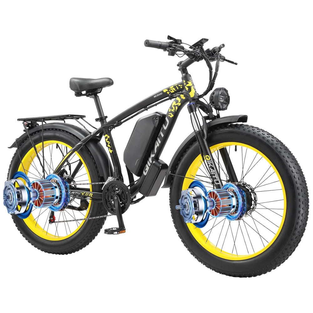 Bicicleta Elétrica QIKAITU MQ3000 2000W com Motor Duplo, Bateria UL 48V 23Ah, Suspensão com Trava, Freios Hidráulicos e Rodas 26x4", Preta e Amarela