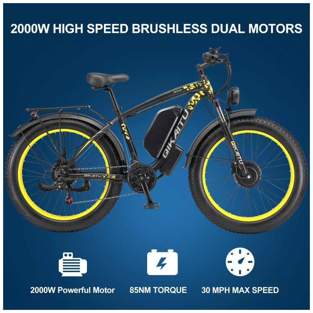 Bicicleta Elétrica QIKAITU MQ3000 2000W com Motor Duplo, Bateria UL 48V 23Ah, Suspensão com Trava, Freios Hidráulicos e Rodas 26x4", Preta e Amarela