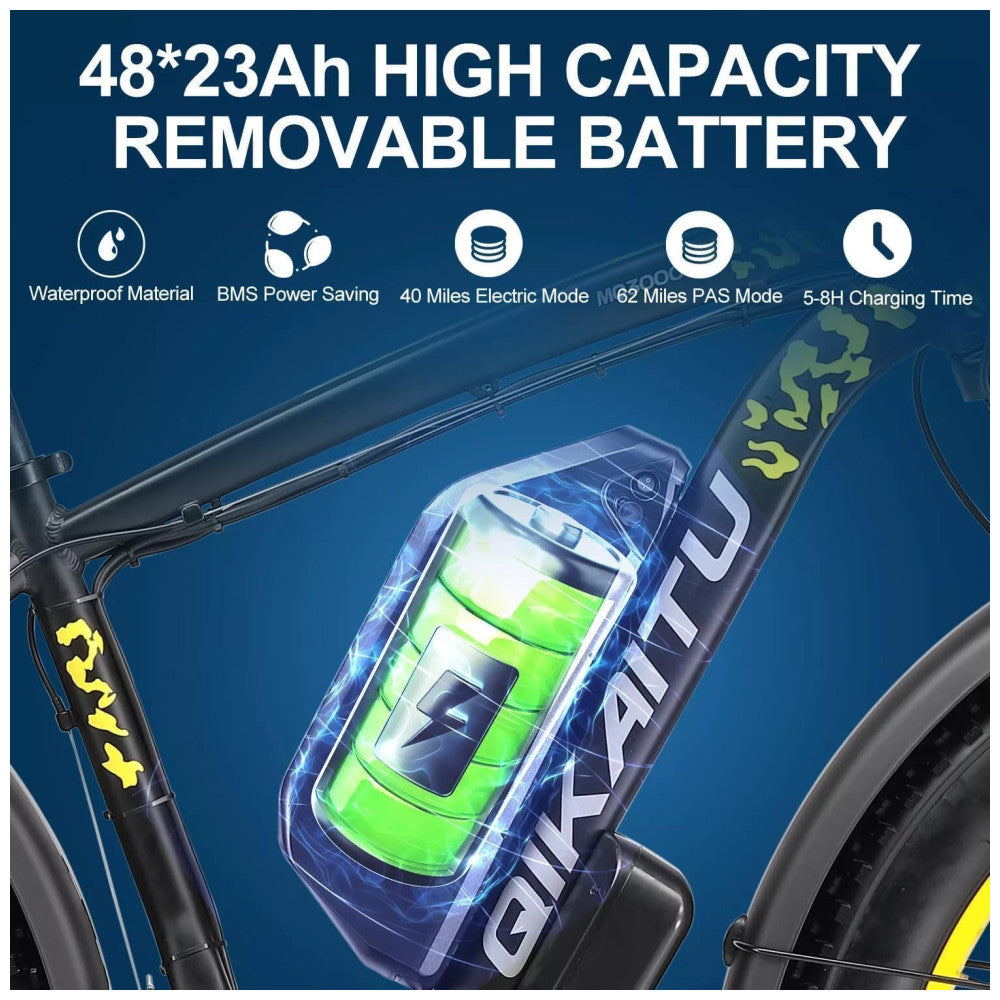 Bicicleta Elétrica QIKAITU MQ3000 2000W com Motor Duplo, Bateria UL 48V 23Ah, Suspensão com Trava, Freios Hidráulicos e Rodas 26x4", Preta e Amarela