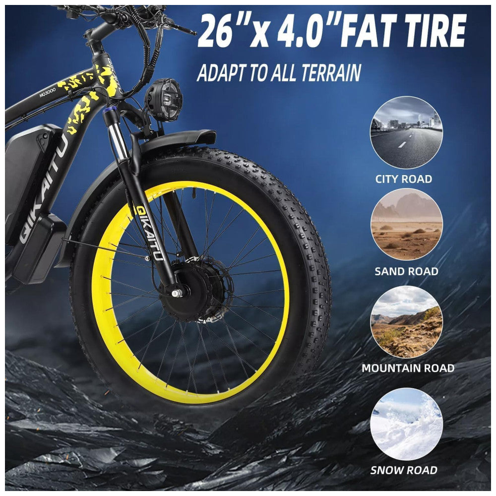 Bicicleta Elétrica QIKAITU MQ3000 2000W com Motor Duplo, Bateria UL 48V 23Ah, Suspensão com Trava, Freios Hidráulicos e Rodas 26x4", Preta e Amarela