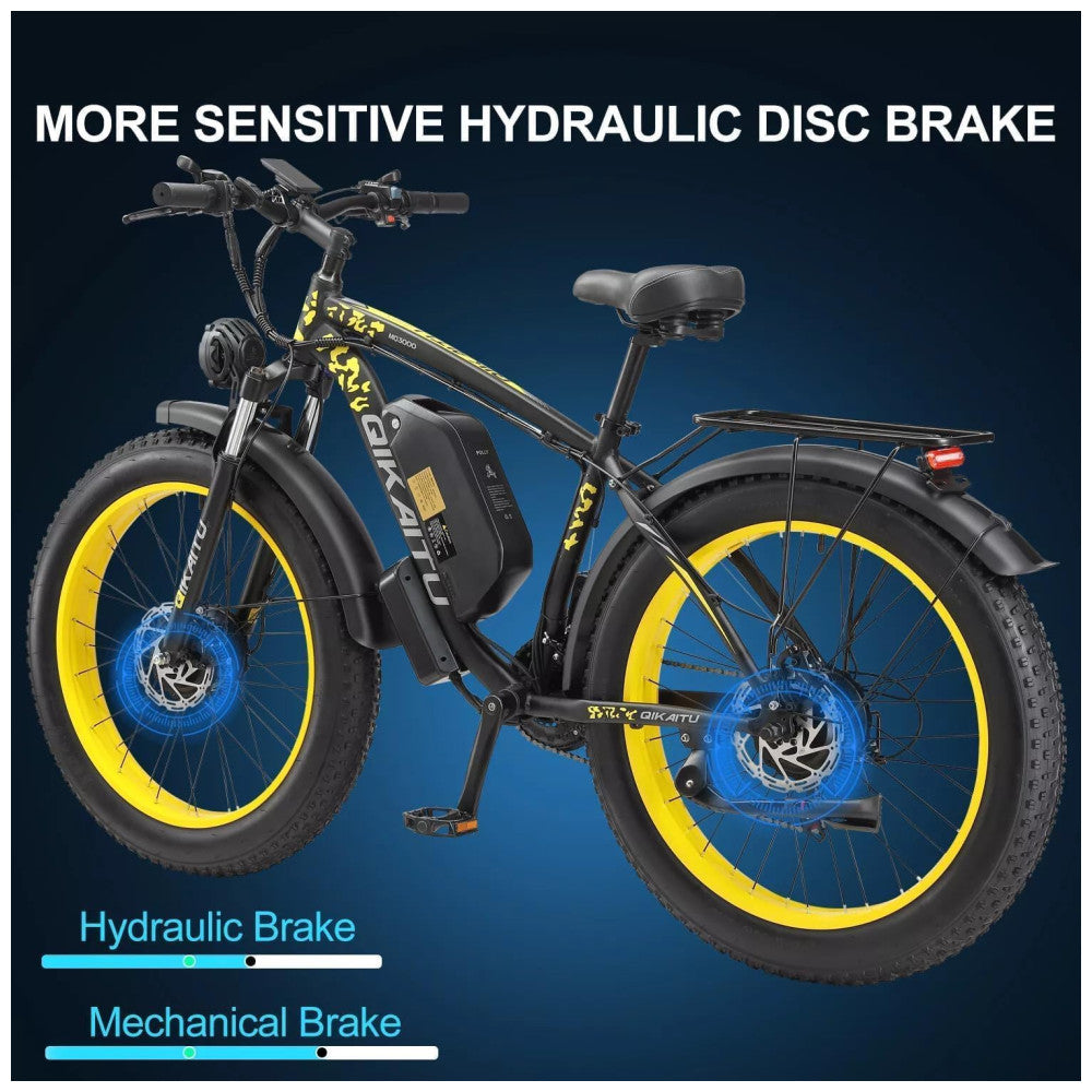 Bicicleta Elétrica QIKAITU MQ3000 2000W com Motor Duplo, Bateria UL 48V 23Ah, Suspensão com Trava, Freios Hidráulicos e Rodas 26x4", Preta e Amarela