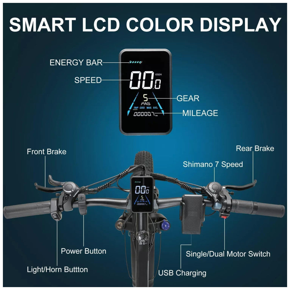 Bicicleta Elétrica QIKAITU MQ3000 2000W com Motor Duplo, Bateria UL 48V 23Ah, Suspensão com Trava, Freios Hidráulicos e Rodas 26x4", Preta e Amarela
