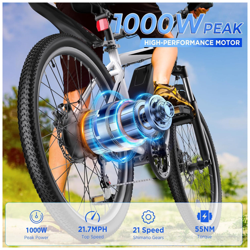 Bicicleta Elétrica Funhang 1000W Pico | 21 Velocidades, Suspensão, Bateria Removível 48V, Até 80km de Autonomia, Branca