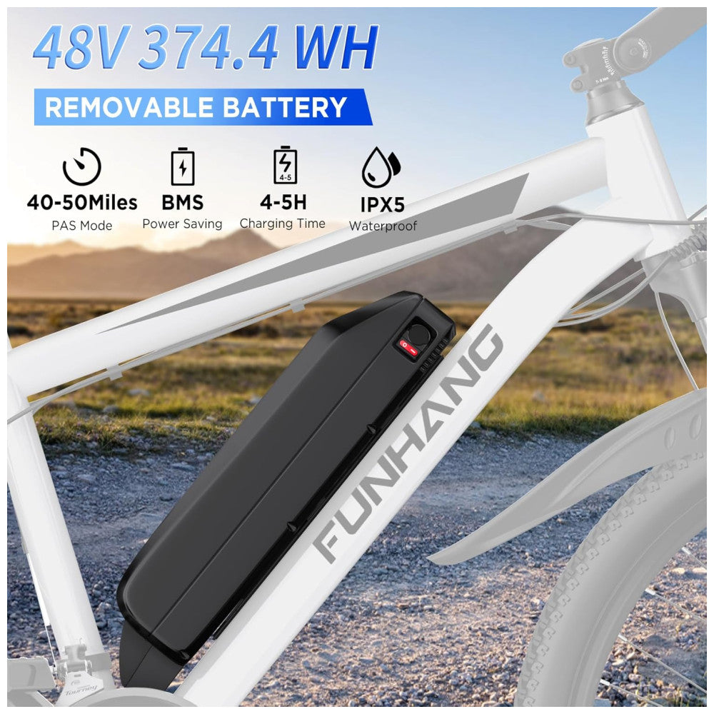 Bicicleta Elétrica Funhang 1000W Pico | 21 Velocidades, Suspensão, Bateria Removível 48V, Até 80km de Autonomia, Branca