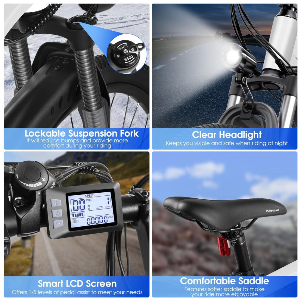 Bicicleta Elétrica Funhang 1000W Pico | 21 Velocidades, Suspensão, Bateria Removível 48V, Até 80km de Autonomia, Branca