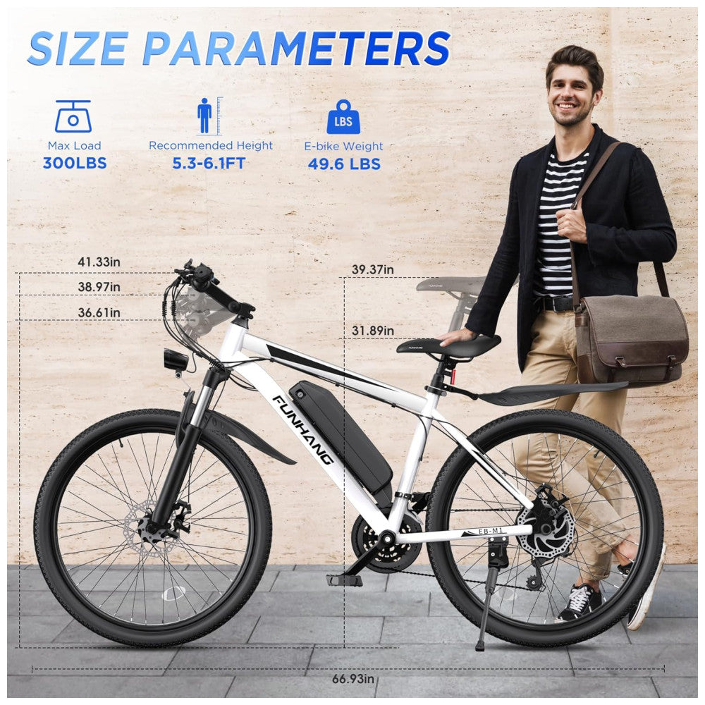 Bicicleta Elétrica Funhang 1000W Pico | 21 Velocidades, Suspensão, Bateria Removível 48V, Até 80km de Autonomia, Branca