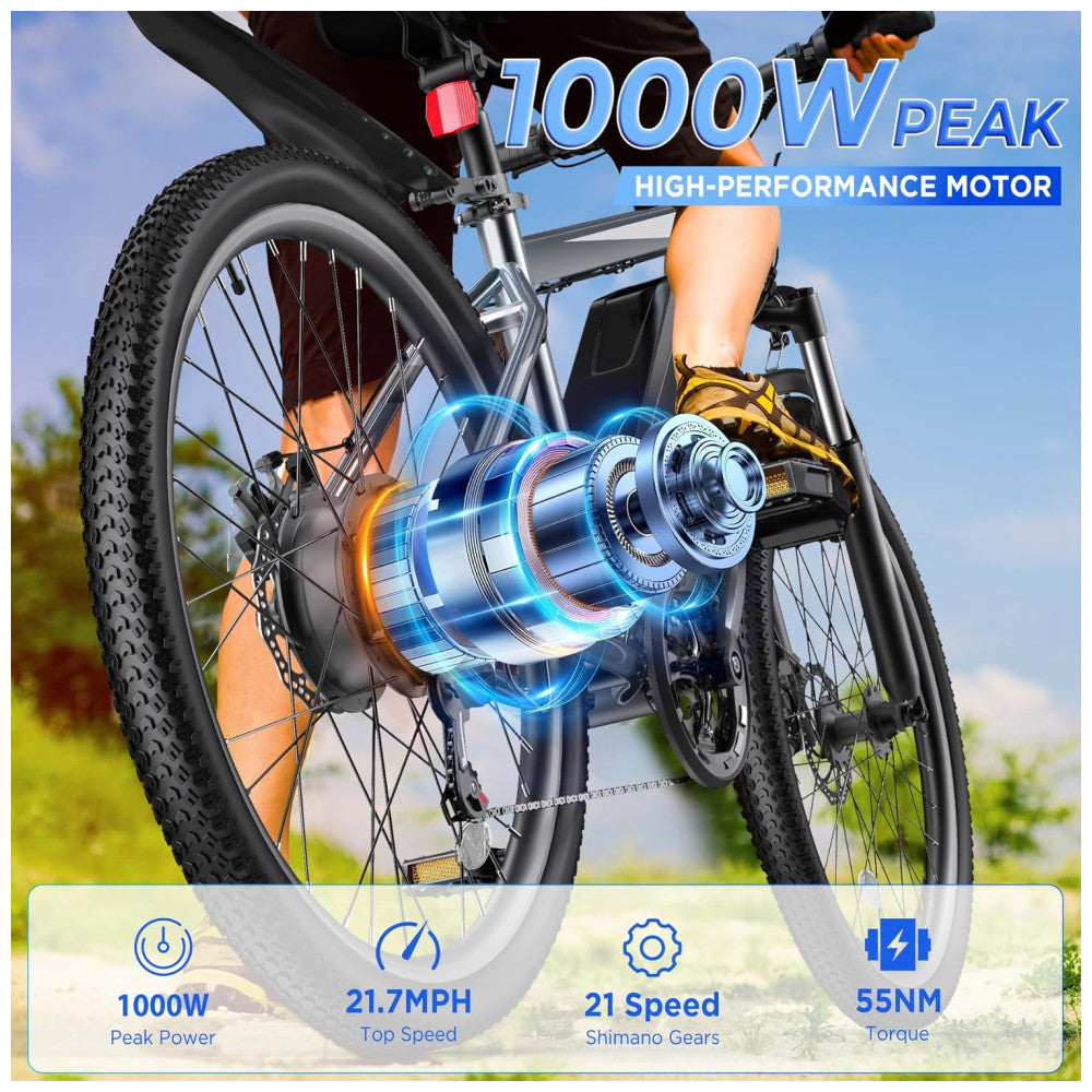 Bicicleta Elétrica Funhang EB-M1 Cinza Prata 26" | Motor 500W (Pico 1000W), Bateria 48V 374,4Wh, 21 Velocidades, Suspensão Dianteira