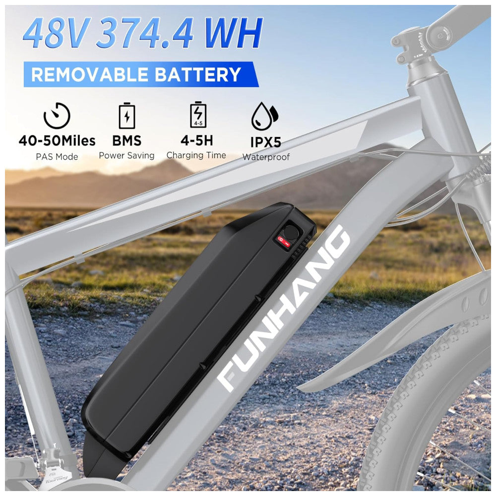 Bicicleta Elétrica Funhang EB-M1 Cinza Prata 26" | Motor 500W (Pico 1000W), Bateria 48V 374,4Wh, 21 Velocidades, Suspensão Dianteira