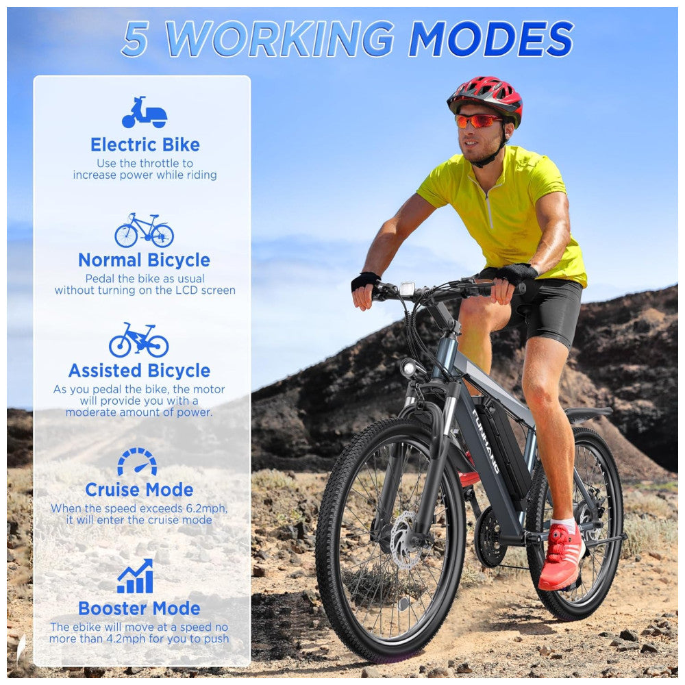 Bicicleta Elétrica Funhang EB-M1 Cinza Prata 26" | Motor 500W (Pico 1000W), Bateria 48V 374,4Wh, 21 Velocidades, Suspensão Dianteira