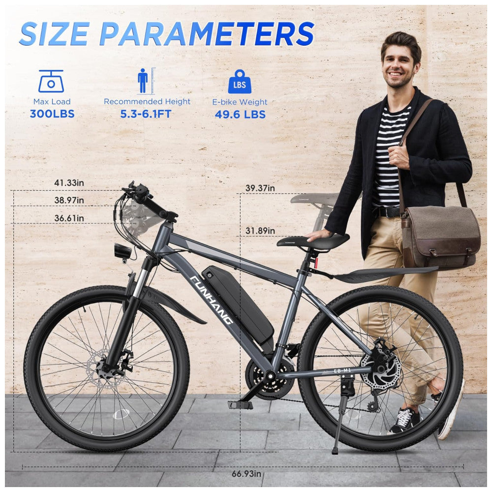 Bicicleta Elétrica Funhang EB-M1 Cinza Prata 26" | Motor 500W (Pico 1000W), Bateria 48V 374,4Wh, 21 Velocidades, Suspensão Dianteira