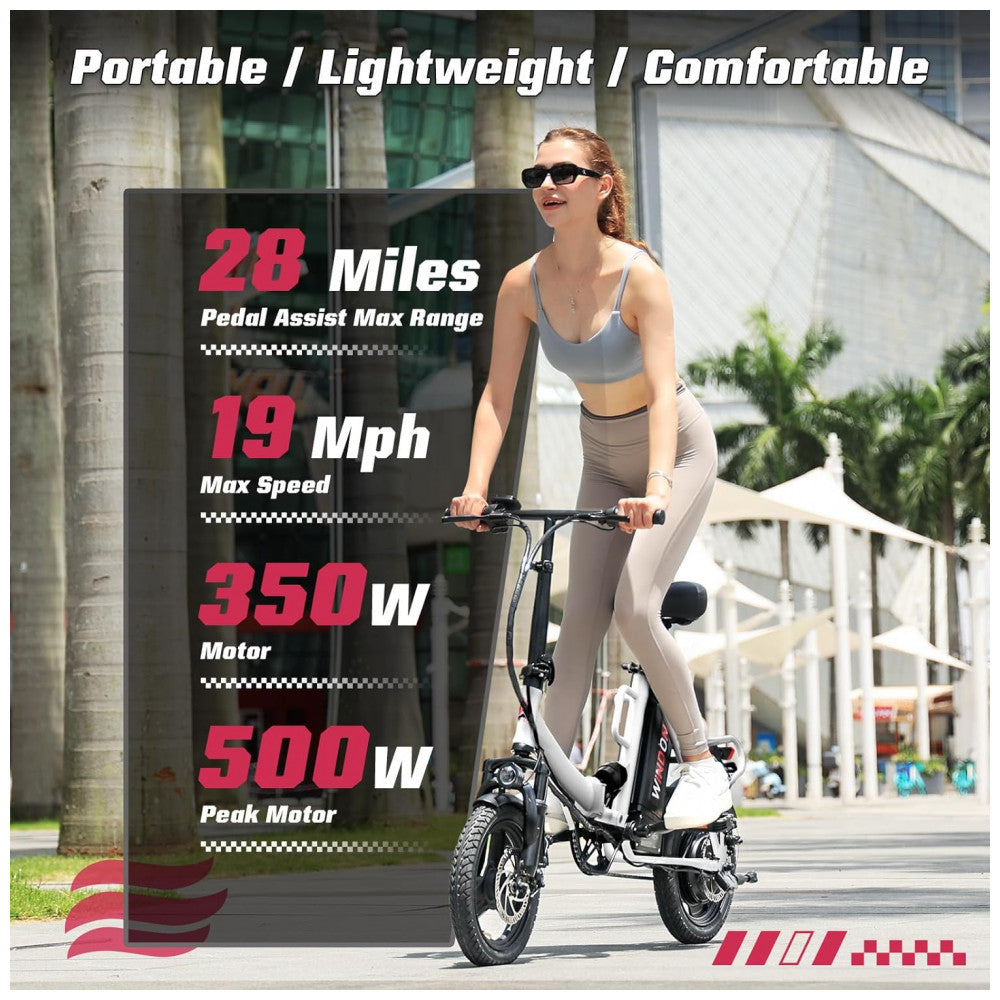 Bicicleta Elétrica Dobrável Windone S14 Branca – Motor 350W (Pico 500W), Velocidade Máxima 30km/h, Autonomia 45km, Rodas 14", Suspensão Dupla, Bateria Removível 36V 7,8Ah, Branca