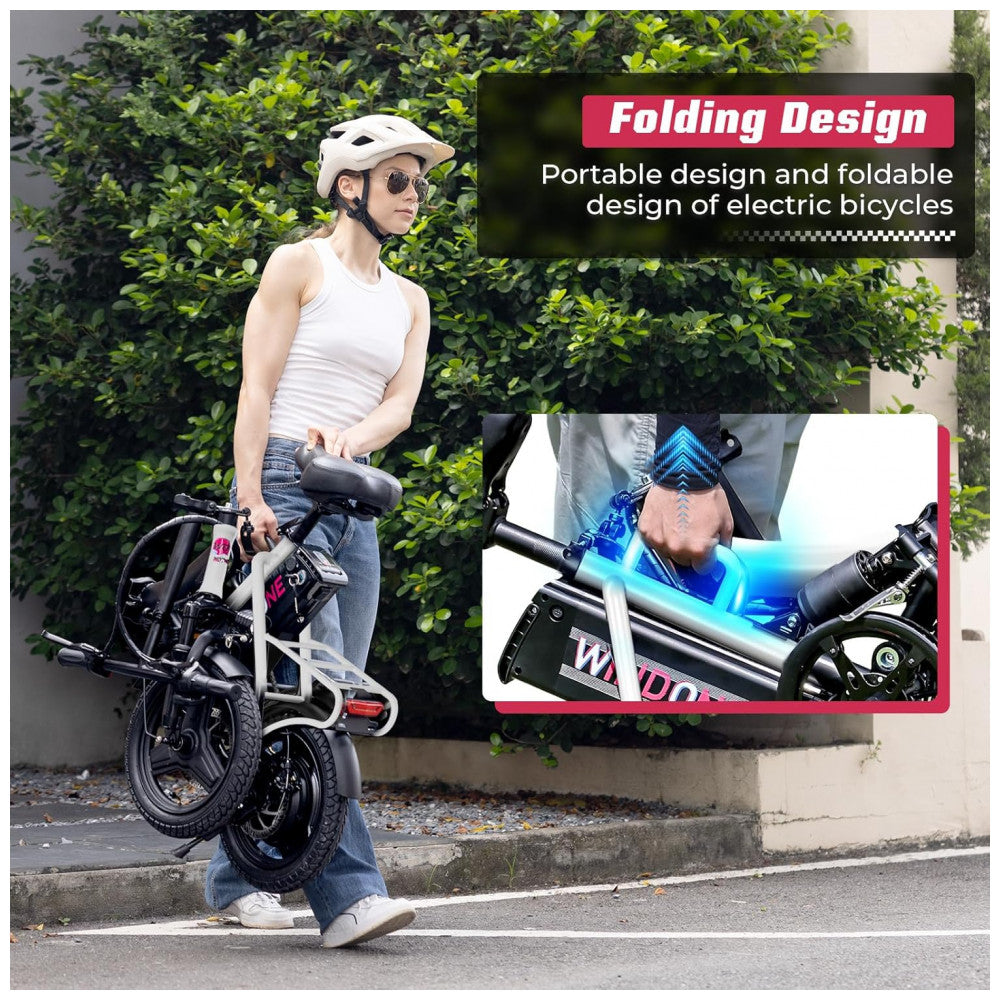 Bicicleta Elétrica Dobrável Windone S14 Branca – Motor 350W (Pico 500W), Velocidade Máxima 30km/h, Autonomia 45km, Rodas 14", Suspensão Dupla, Bateria Removível 36V 7,8Ah, Branca