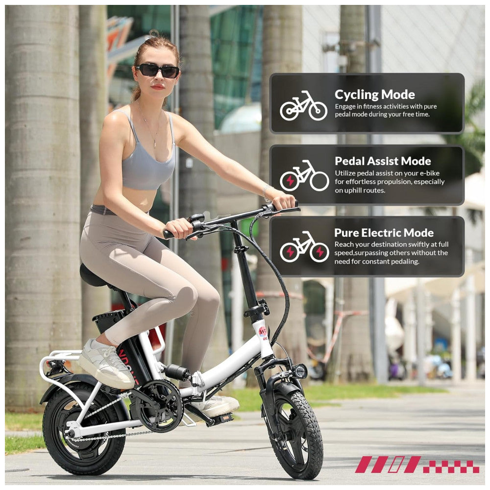 Bicicleta Elétrica Dobrável Windone S14 Branca – Motor 350W (Pico 500W), Velocidade Máxima 30km/h, Autonomia 45km, Rodas 14", Suspensão Dupla, Bateria Removível 36V 7,8Ah, Branca