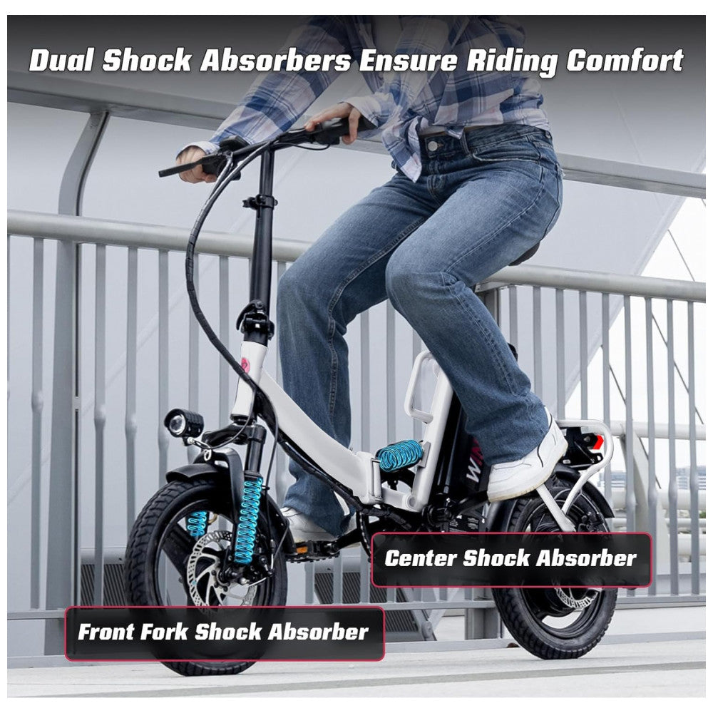Bicicleta Elétrica Dobrável Windone S14 Branca – Motor 350W (Pico 500W), Velocidade Máxima 30km/h, Autonomia 45km, Rodas 14", Suspensão Dupla, Bateria Removível 36V 7,8Ah, Branca