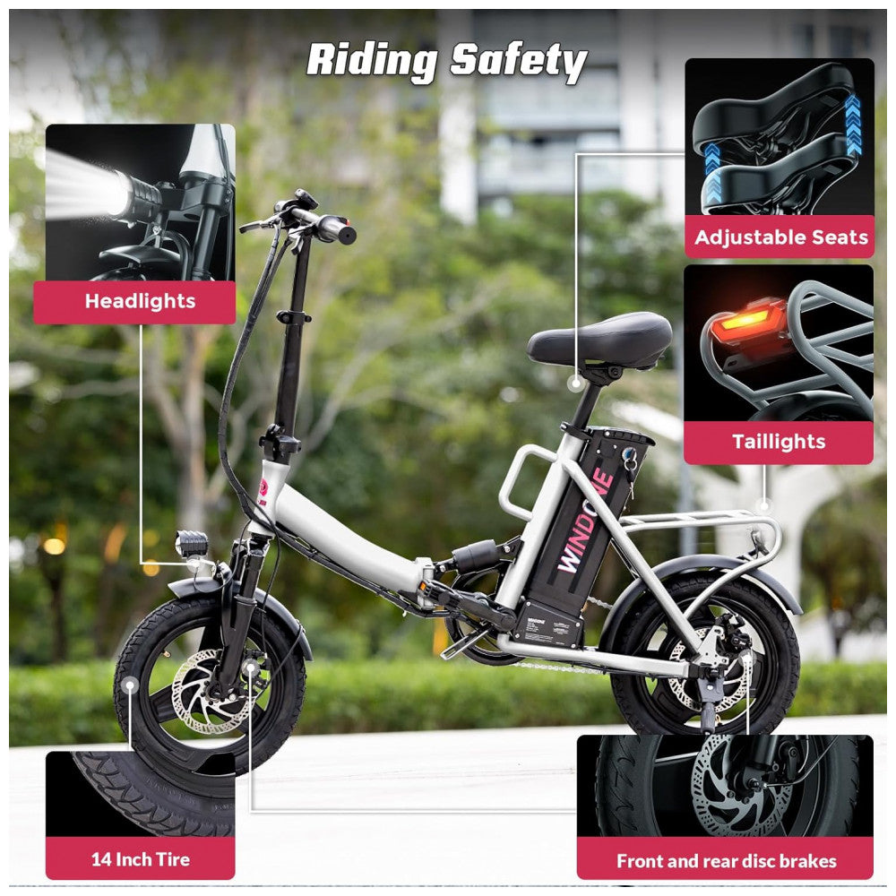 Bicicleta Elétrica Dobrável Windone S14 Branca – Motor 350W (Pico 500W), Velocidade Máxima 30km/h, Autonomia 45km, Rodas 14", Suspensão Dupla, Bateria Removível 36V 7,8Ah, Branca