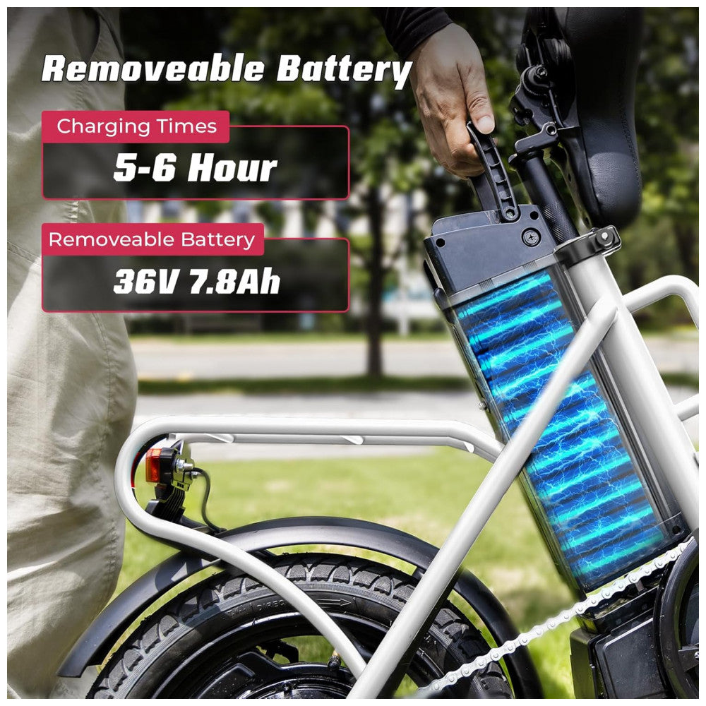 Bicicleta Elétrica Dobrável Windone S14 Branca – Motor 350W (Pico 500W), Velocidade Máxima 30km/h, Autonomia 45km, Rodas 14", Suspensão Dupla, Bateria Removível 36V 7,8Ah, Branca