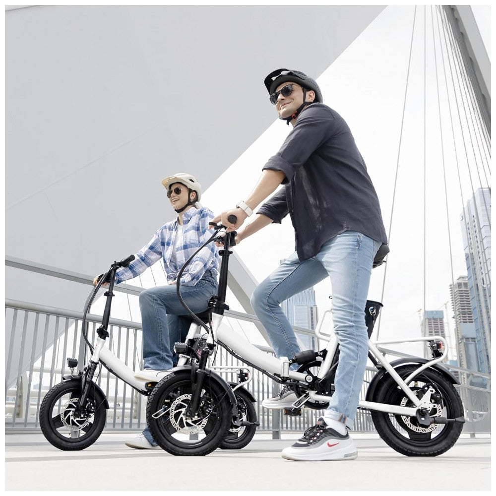 Bicicleta Elétrica Dobrável Windone S14 Branca – Motor 350W (Pico 500W), Velocidade Máxima 30km/h, Autonomia 45km, Rodas 14", Suspensão Dupla, Bateria Removível 36V 7,8Ah, Branca