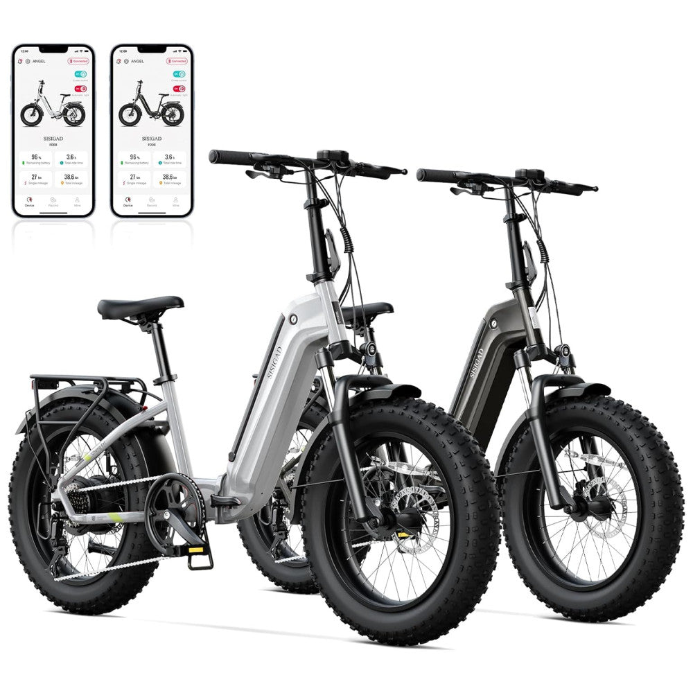 Kit com 2 Bicicletas Elétricas Dobráveis Sisigad 1500W Pico, Pneus Fat 20 x4.0, Bateria 48V 15Ah, Autonomia 96 km, 7 Velocidades, Freios a Disco, Suspensão Completa, Branco Preto