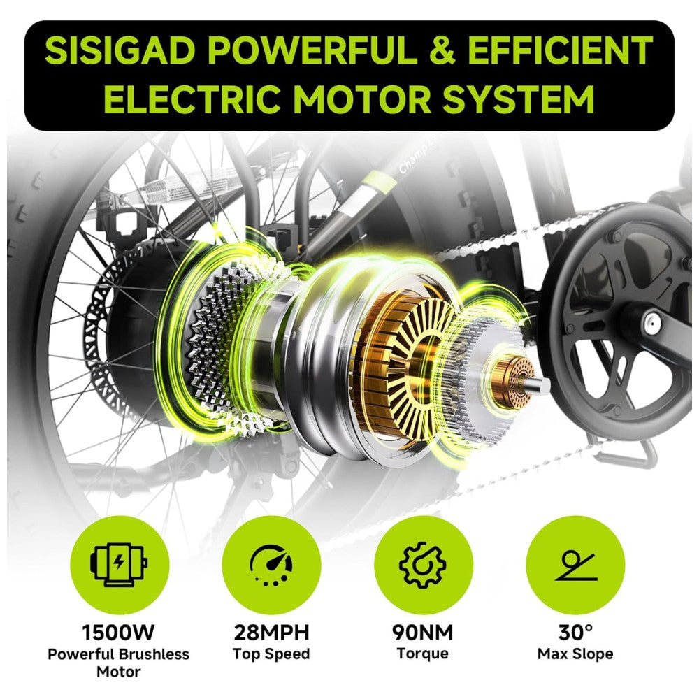 Kit com 2 Bicicletas Elétricas Dobráveis Sisigad 1500W Pico, Pneus Fat 20 x4.0, Bateria 48V 15Ah, Autonomia 96 km, 7 Velocidades, Freios a Disco, Suspensão Completa, Branco Preto