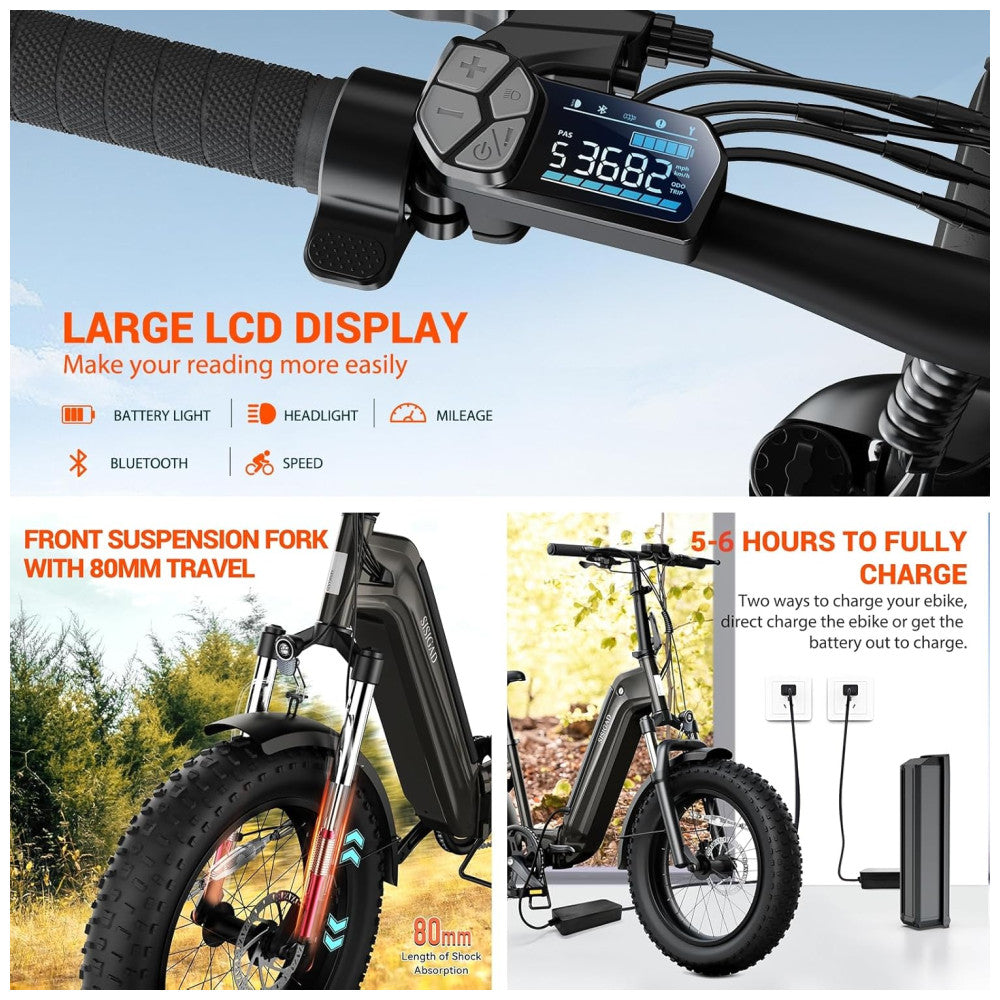 Kit com 2 Bicicletas Elétricas Dobráveis Sisigad 1500W Pico, Pneus Fat 20 x4.0, Bateria 48V 15Ah, Autonomia 96 km, 7 Velocidades, Freios a Disco, Suspensão Completa, Branco Preto