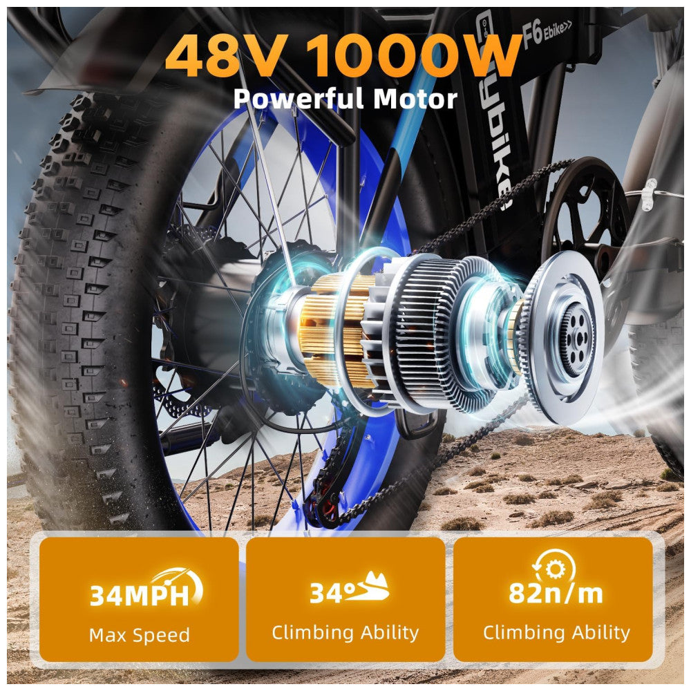 Bicicleta Elétrica Dobrável de 1000W, Bateria Removível Grande de 48V 20AH, 30MPH, Alcance Máximo de 80 Milhas, Bicicleta Elétrica com Pneus Largos de, Preta