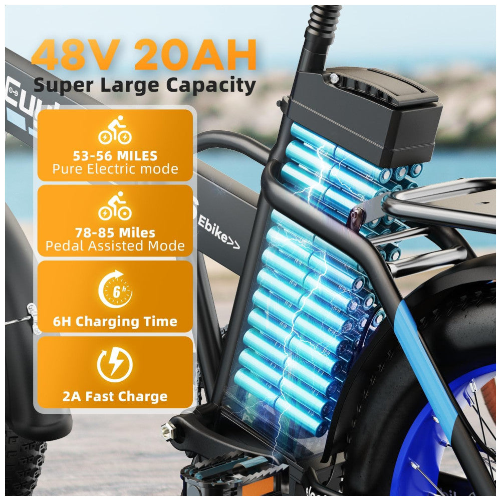 Bicicleta Elétrica Dobrável de 1000W, Bateria Removível Grande de 48V 20AH, 30MPH, Alcance Máximo de 80 Milhas, Bicicleta Elétrica com Pneus Largos de, Preta