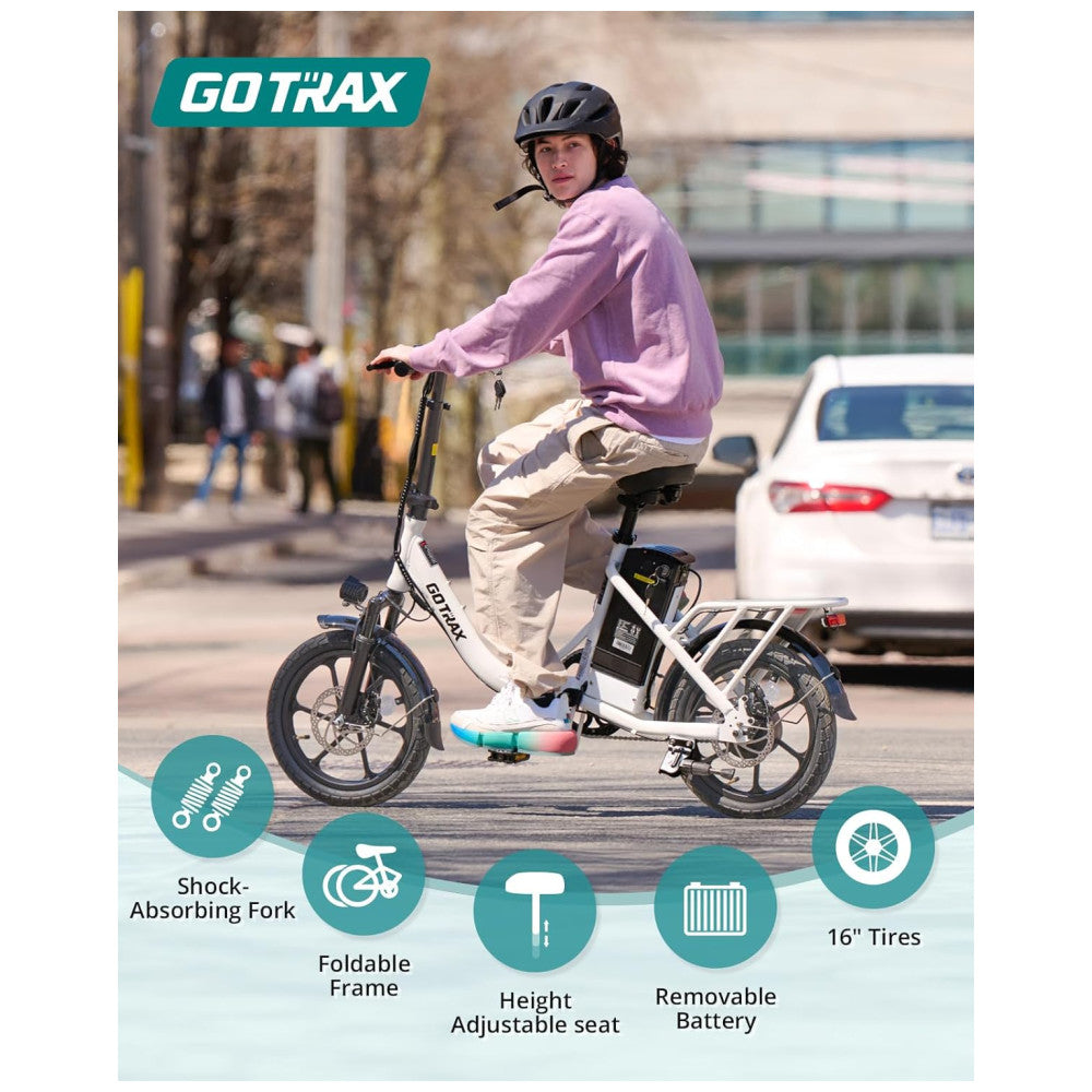 Bicicleta Elétrica Dobrável Gotrax NEPHELE 16" | Motor 350W, Bateria Removível, Suspensão, Freios a Disco, 3 Modos, Branca