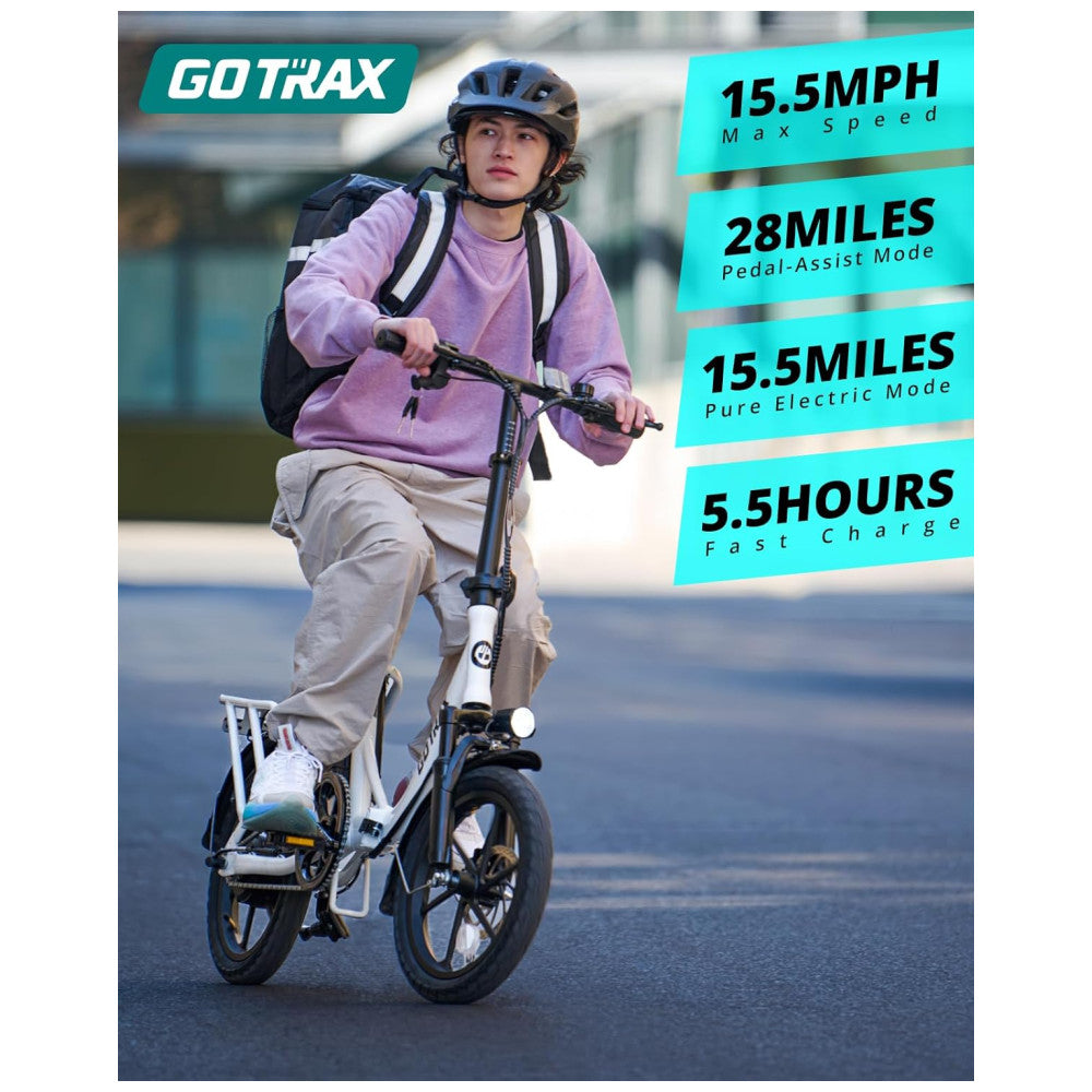 Bicicleta Elétrica Dobrável Gotrax NEPHELE 16" | Motor 350W, Bateria Removível, Suspensão, Freios a Disco, 3 Modos, Branca