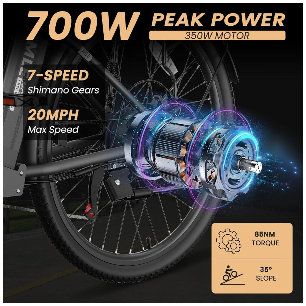 Bicicleta Elétrica para Adultos com Motor 700W Pico, Quadro em Alumínio 6061, Bateria Removível 36V 10,4Ah, Autonomia de até 64 km, 7 Marchas, Tela LCD Colorida, Certificação UL2849, Preto Sable