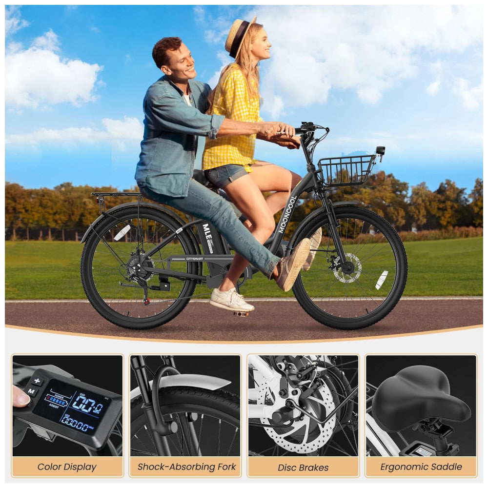 Bicicleta Elétrica para Adultos com Motor 700W Pico, Quadro em Alumínio 6061, Bateria Removível 36V 10,4Ah, Autonomia de até 64 km, 7 Marchas, Tela LCD Colorida, Certificação UL2849, Preto Sable