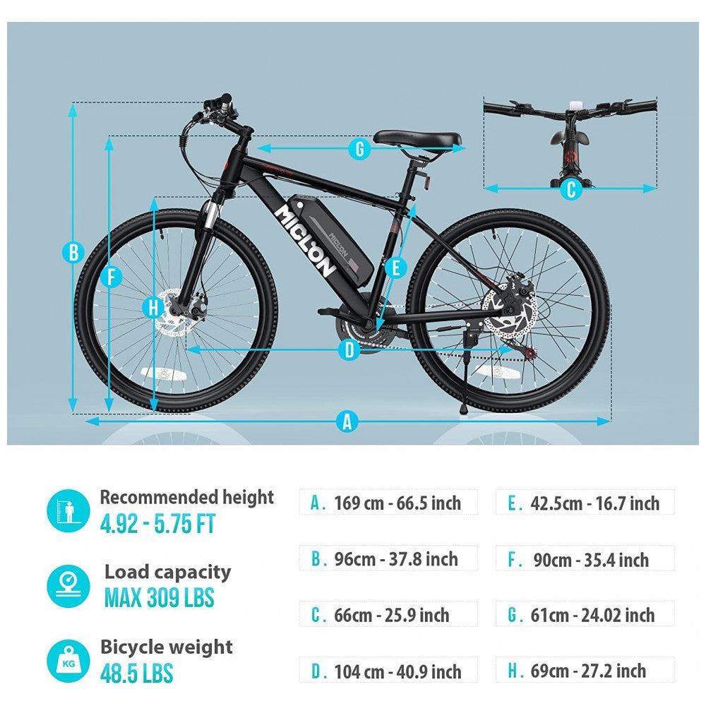 Bicicleta Elétrica MICLON CT100 350W – Mountain Bike 26", Motor Bafang, Suspensão Dianteira, 21 Marchas, Quadro de Alumínio – Preta